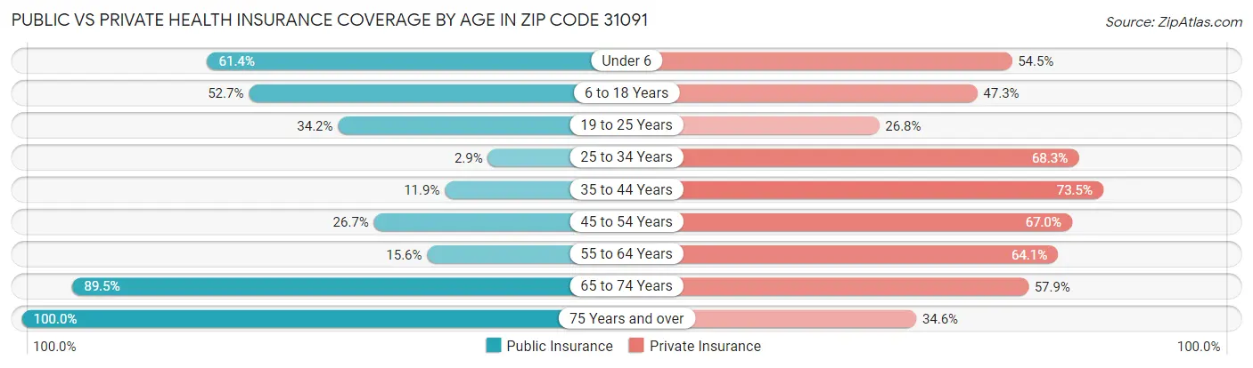 Public vs Private Health Insurance Coverage by Age in Zip Code 31091