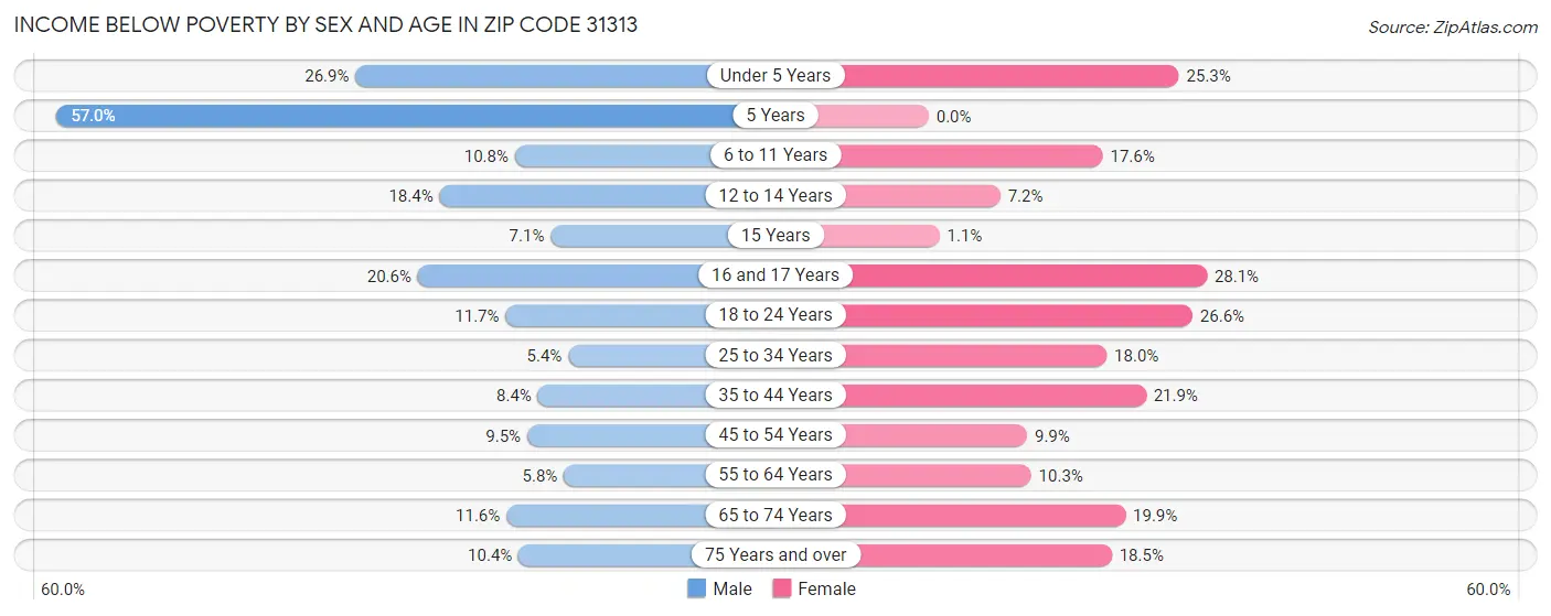 Income Below Poverty by Sex and Age in Zip Code 31313