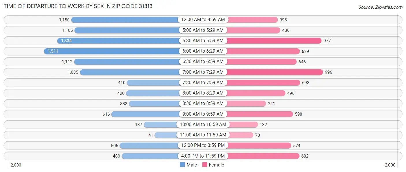 Time of Departure to Work by Sex in Zip Code 31313