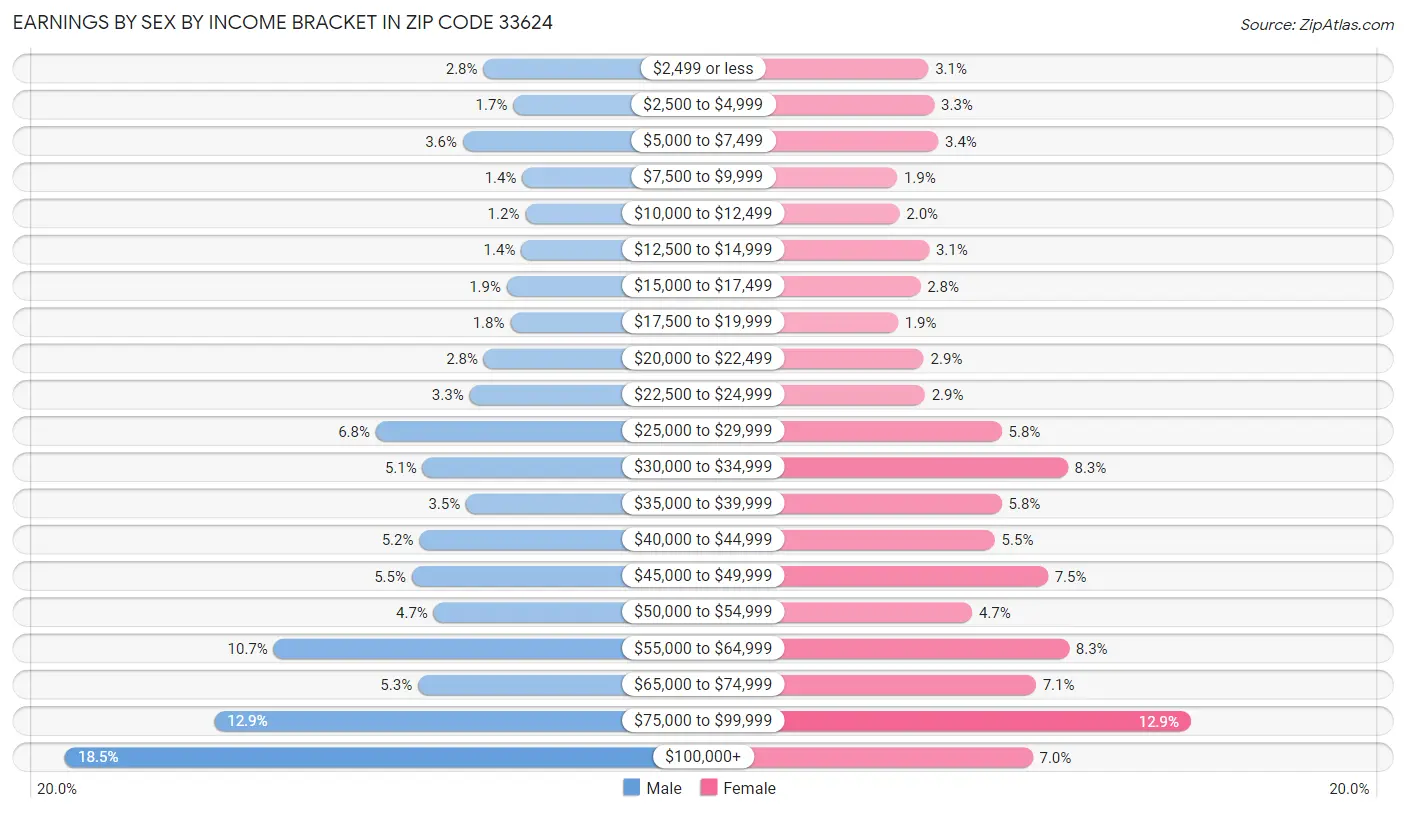 Earnings by Sex by Income Bracket in Zip Code 33624