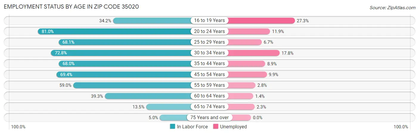 Employment Status by Age in Zip Code 35020