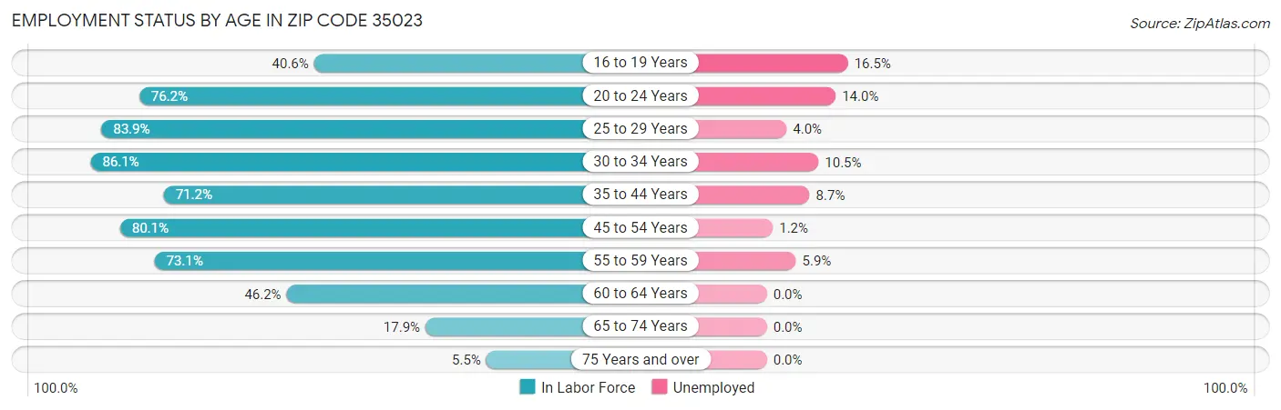 Employment Status by Age in Zip Code 35023
