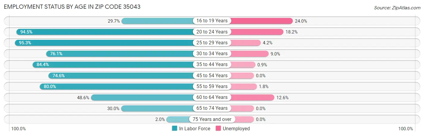 Employment Status by Age in Zip Code 35043