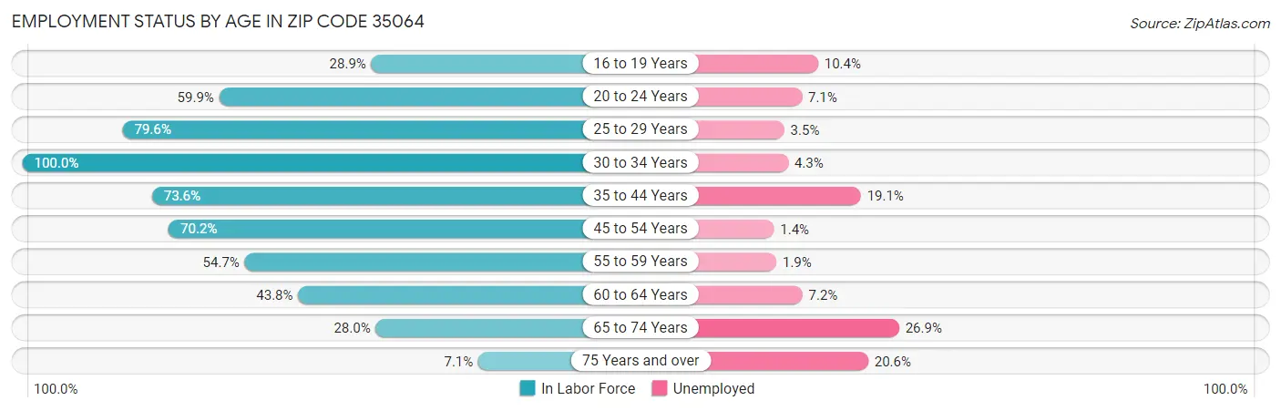 Employment Status by Age in Zip Code 35064