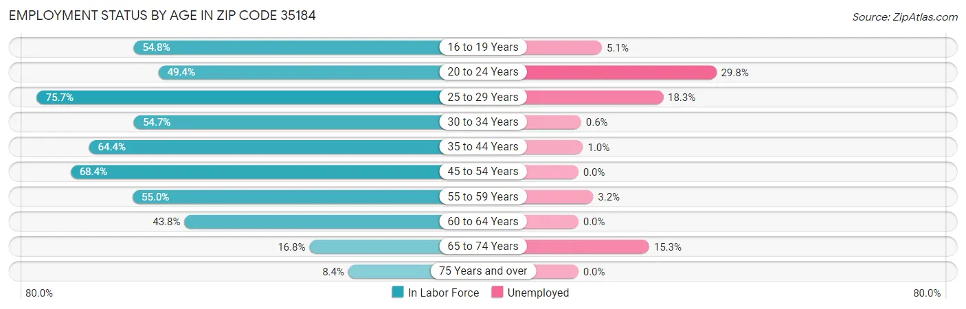 Employment Status by Age in Zip Code 35184