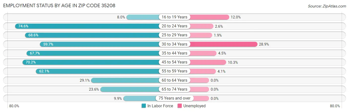 Employment Status by Age in Zip Code 35208
