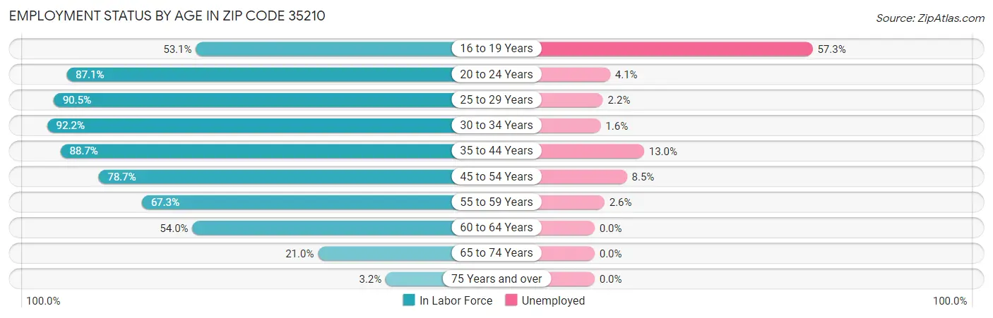 Employment Status by Age in Zip Code 35210