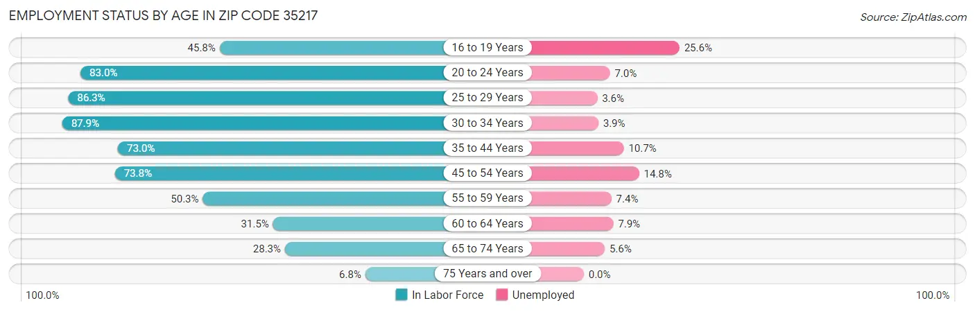 Employment Status by Age in Zip Code 35217