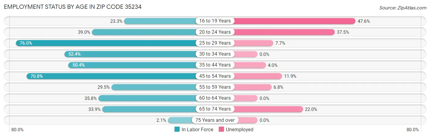 Employment Status by Age in Zip Code 35234