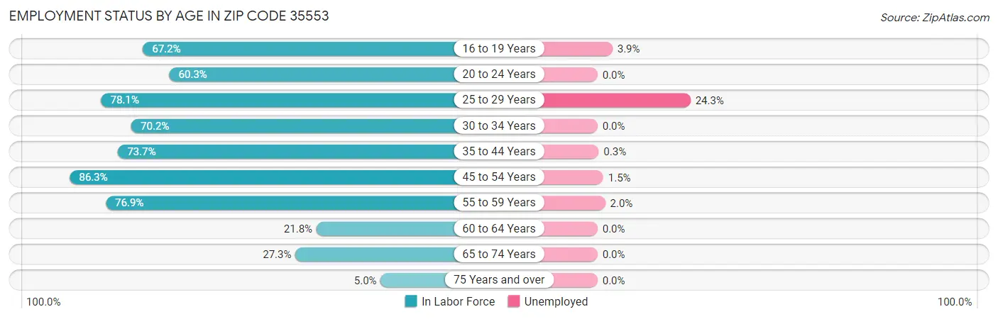 Employment Status by Age in Zip Code 35553