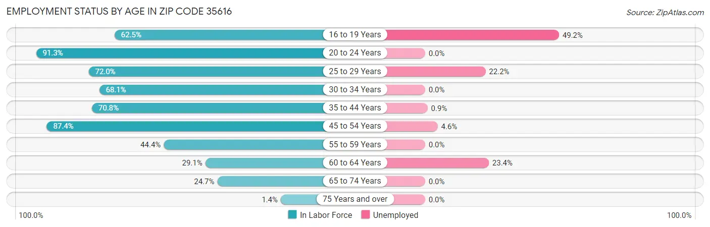 Employment Status by Age in Zip Code 35616