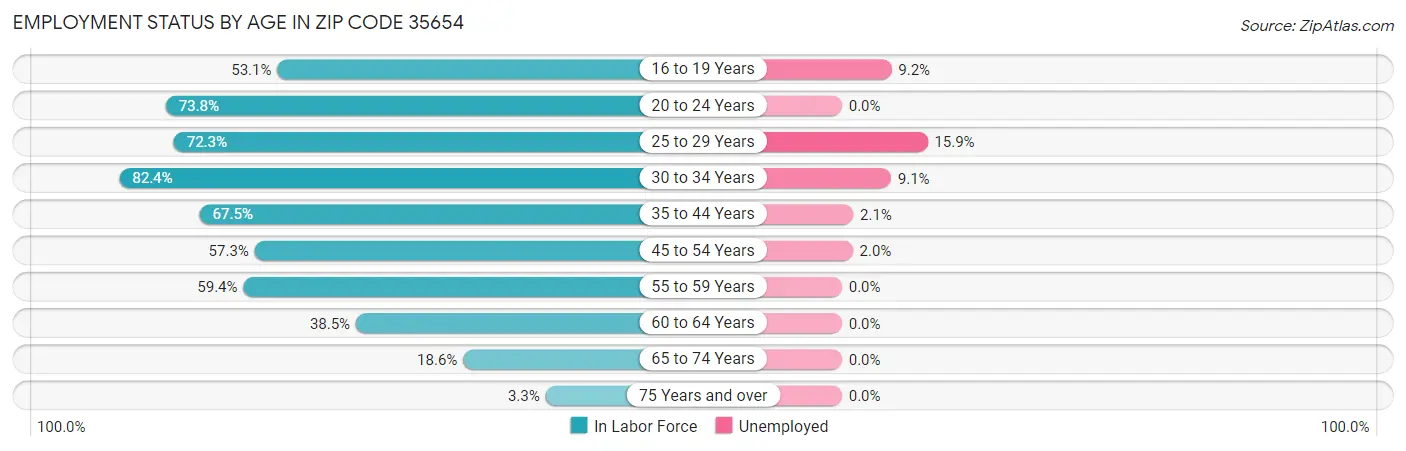 Employment Status by Age in Zip Code 35654