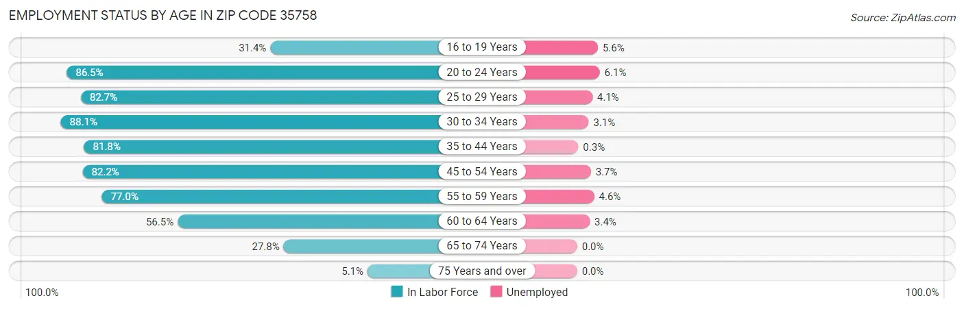 Employment Status by Age in Zip Code 35758