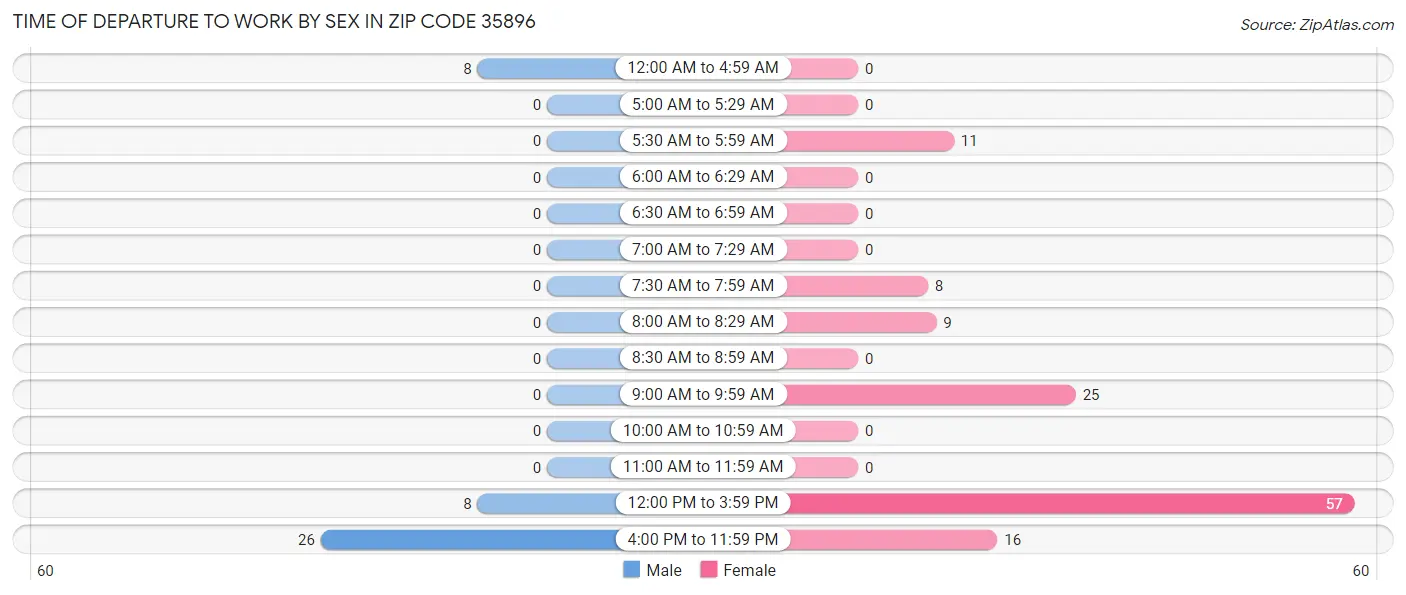 Time of Departure to Work by Sex in Zip Code 35896