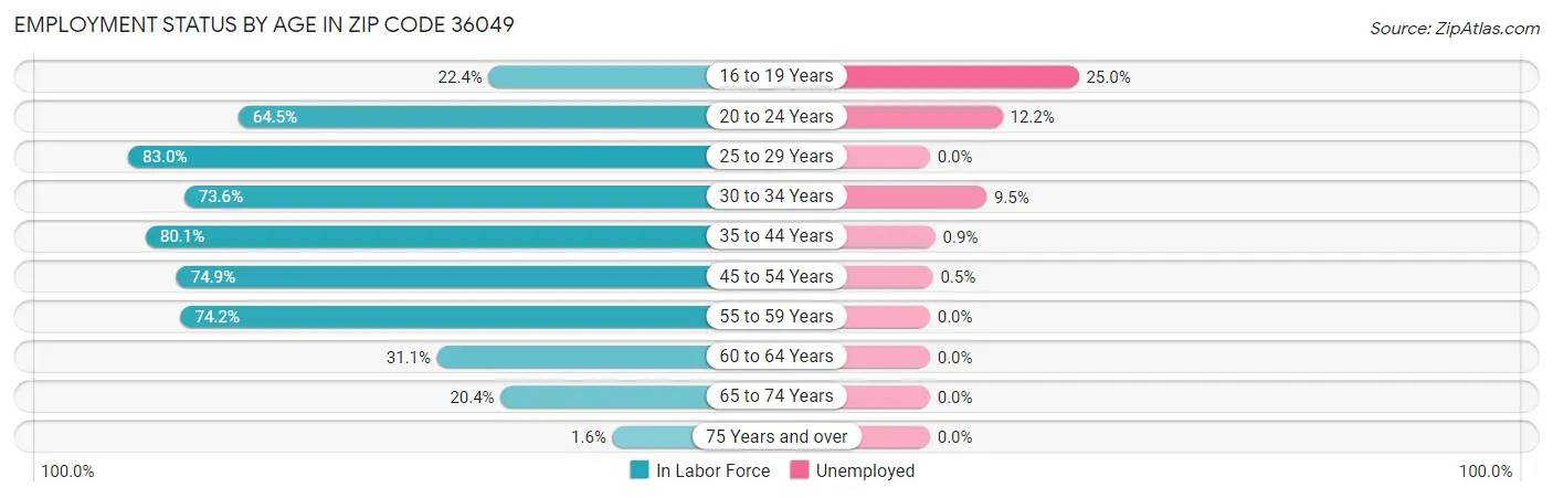 Employment Status by Age in Zip Code 36049