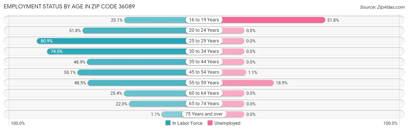 Employment Status by Age in Zip Code 36089