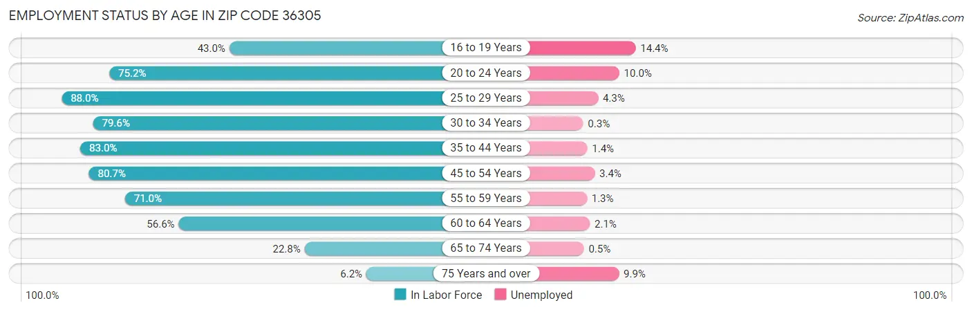 Employment Status by Age in Zip Code 36305