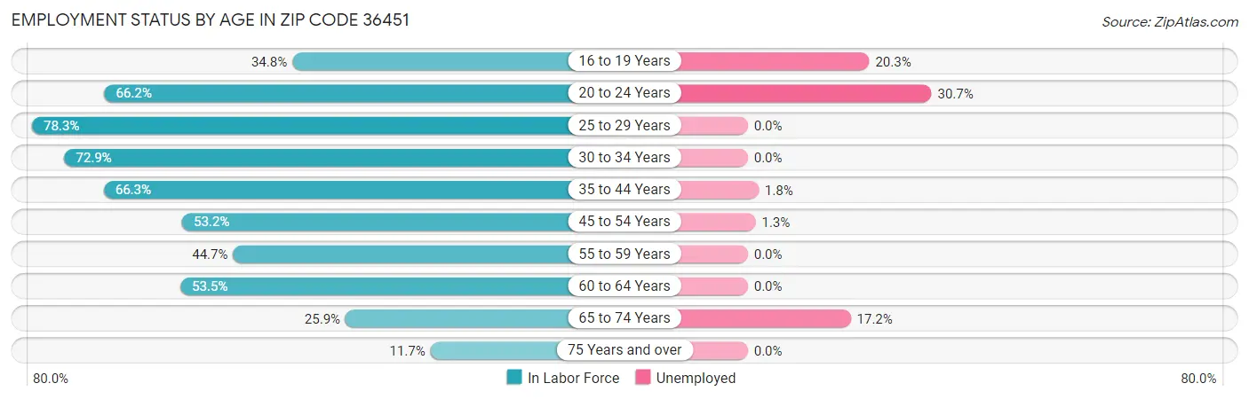 Employment Status by Age in Zip Code 36451