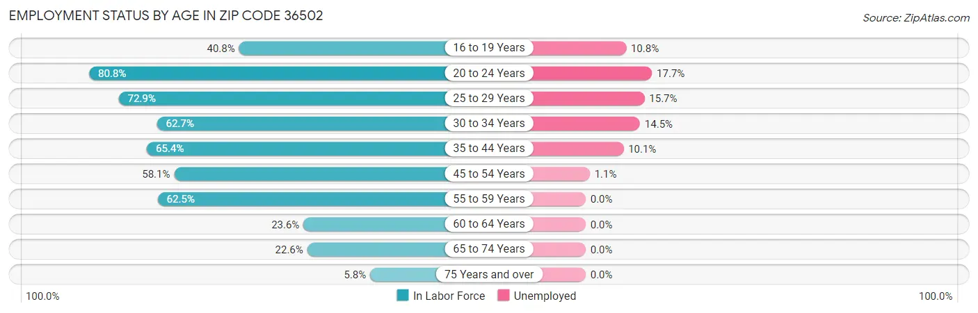 Employment Status by Age in Zip Code 36502