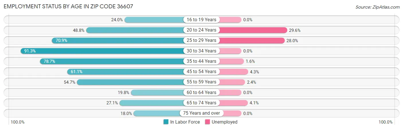 Employment Status by Age in Zip Code 36607