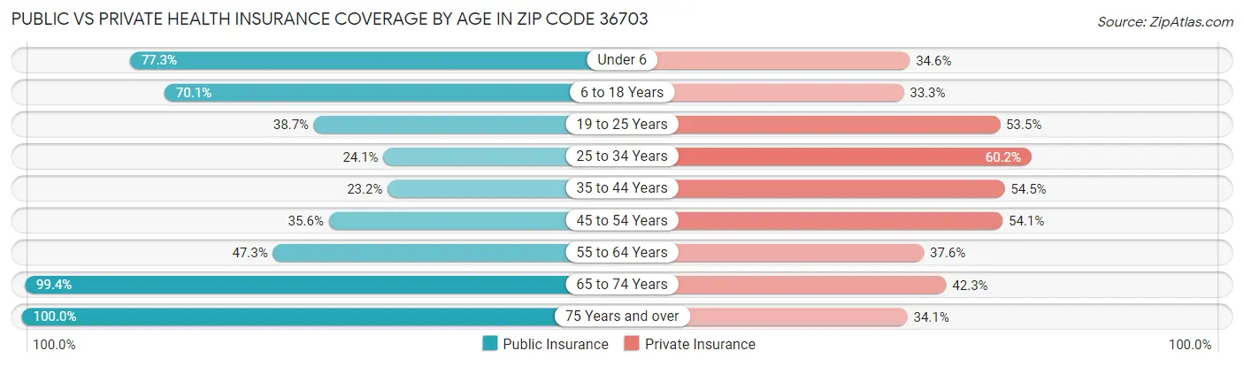 Public vs Private Health Insurance Coverage by Age in Zip Code 36703
