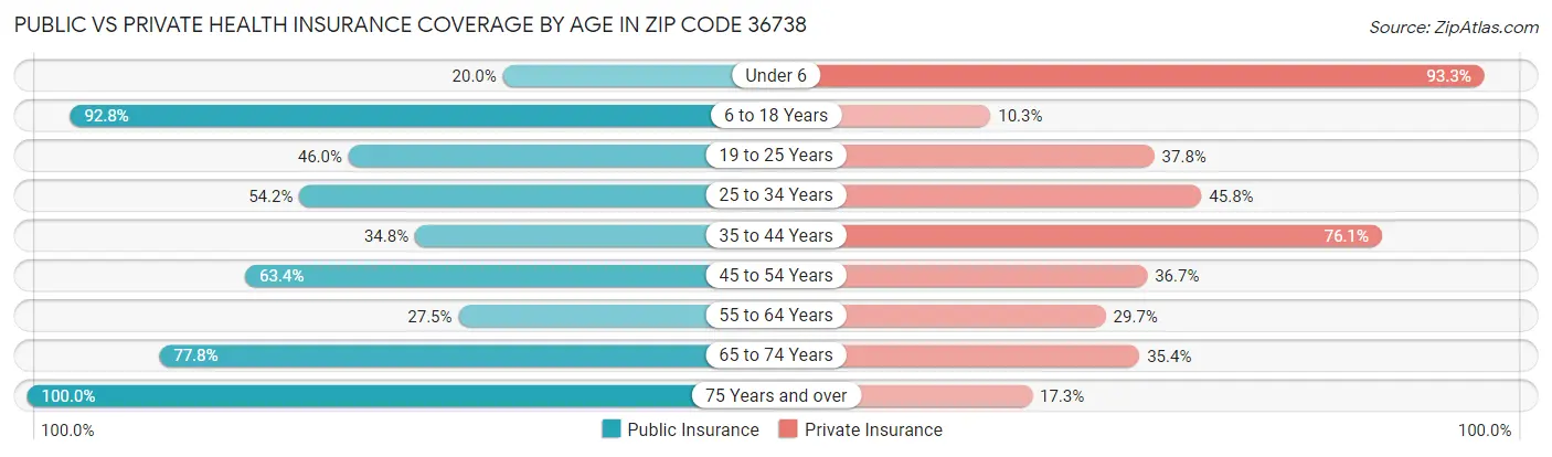 Public vs Private Health Insurance Coverage by Age in Zip Code 36738