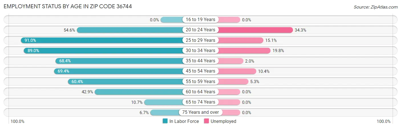 Employment Status by Age in Zip Code 36744