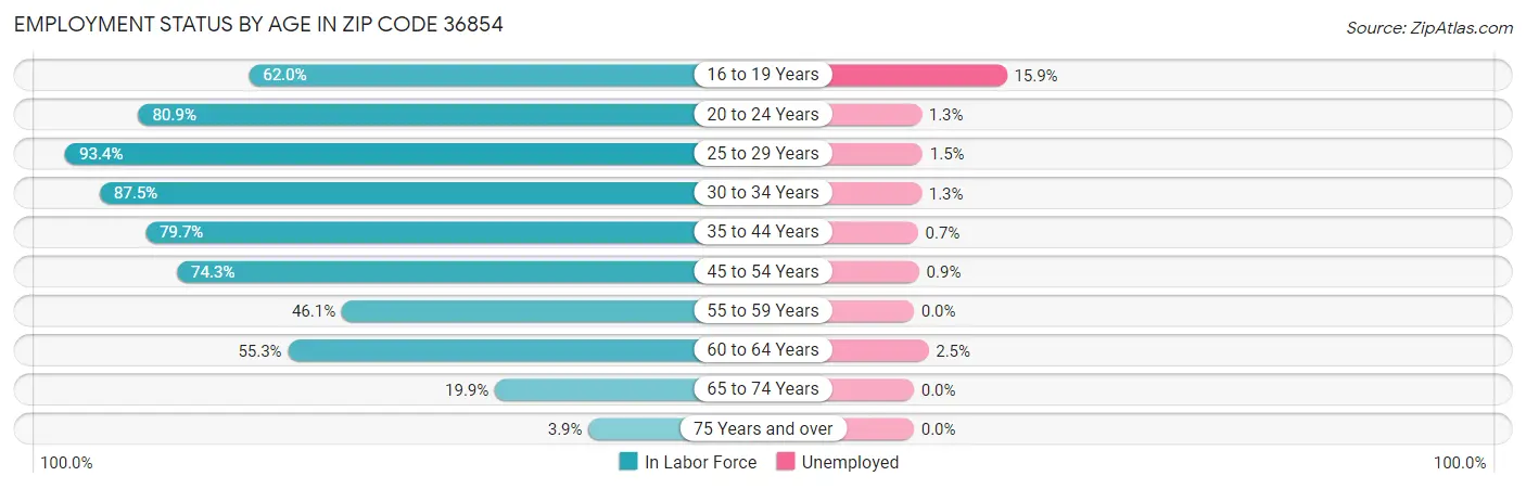 Employment Status by Age in Zip Code 36854