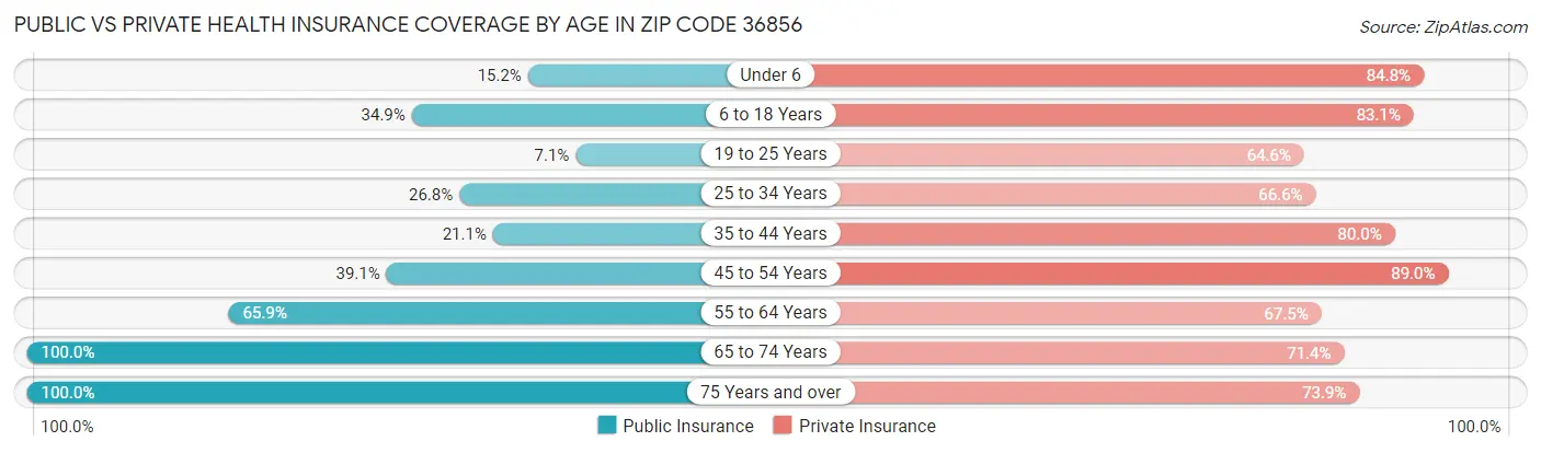 Public vs Private Health Insurance Coverage by Age in Zip Code 36856