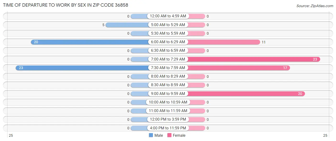 Time of Departure to Work by Sex in Zip Code 36858
