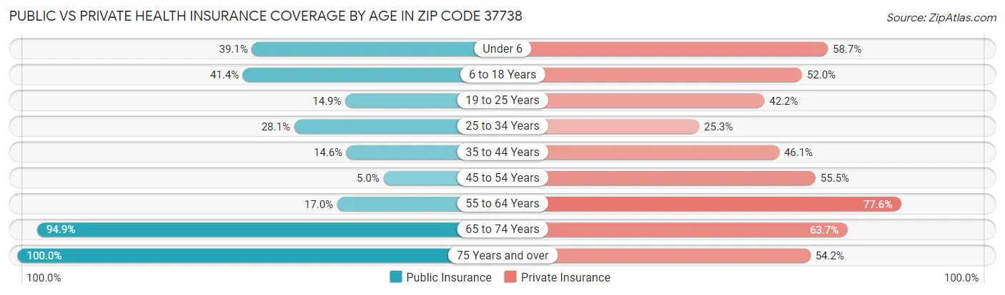Public vs Private Health Insurance Coverage by Age in Zip Code 37738