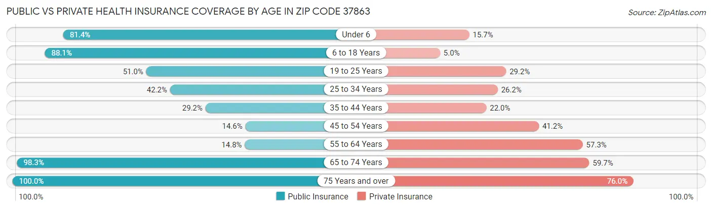 Public vs Private Health Insurance Coverage by Age in Zip Code 37863