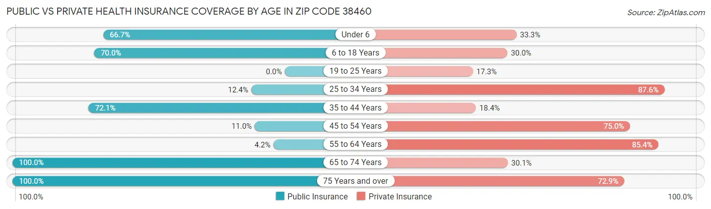 Public vs Private Health Insurance Coverage by Age in Zip Code 38460