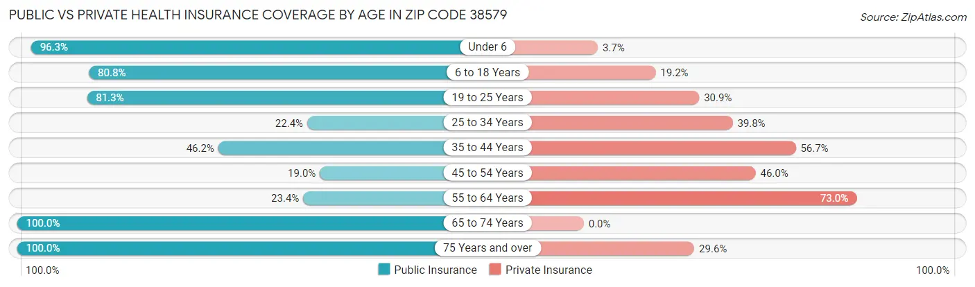 Public vs Private Health Insurance Coverage by Age in Zip Code 38579