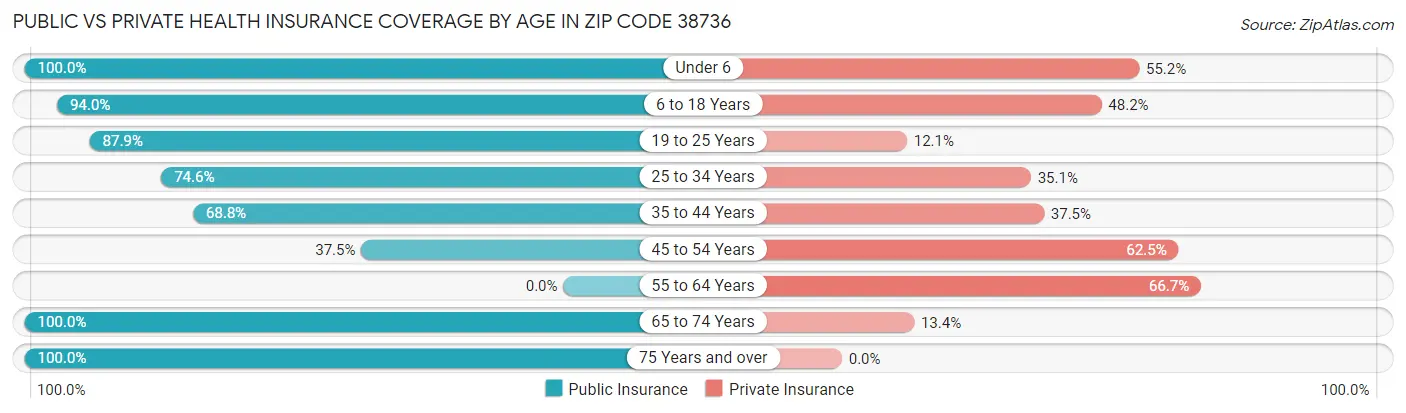 Public vs Private Health Insurance Coverage by Age in Zip Code 38736
