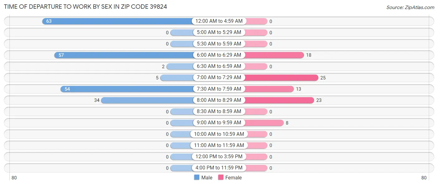 Time of Departure to Work by Sex in Zip Code 39824