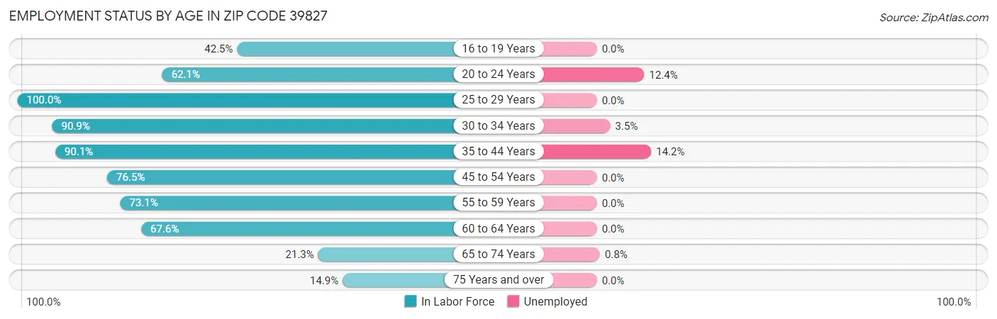 Employment Status by Age in Zip Code 39827