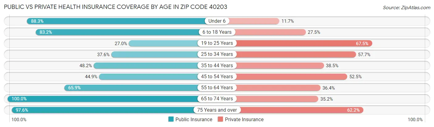 Public vs Private Health Insurance Coverage by Age in Zip Code 40203