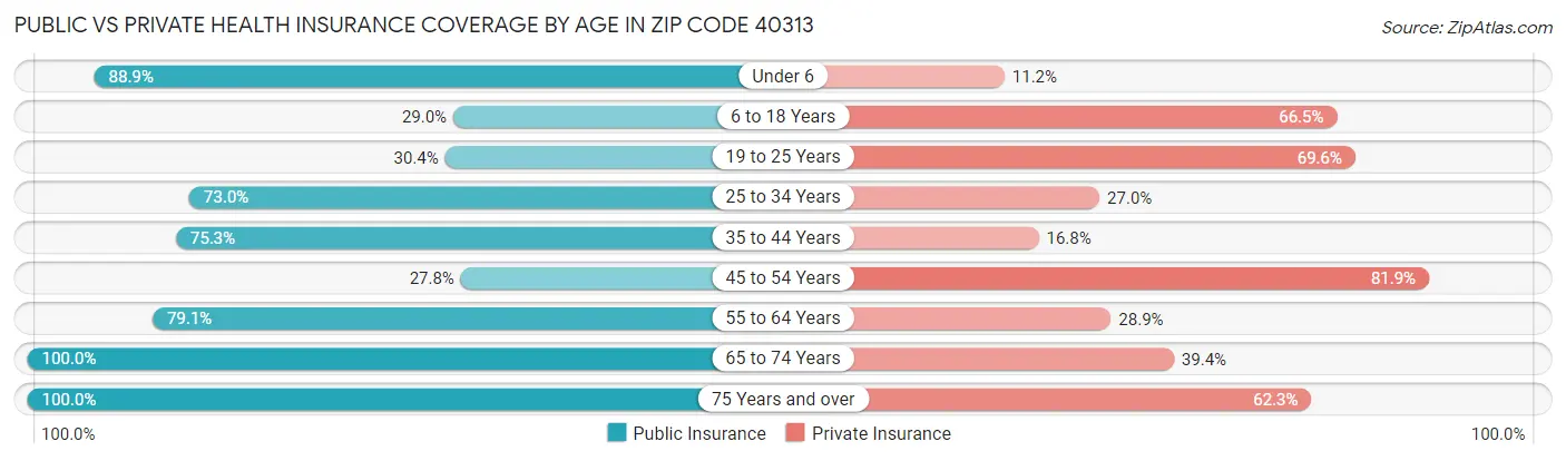 Public vs Private Health Insurance Coverage by Age in Zip Code 40313