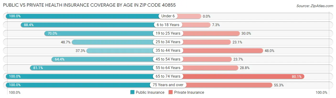 Public vs Private Health Insurance Coverage by Age in Zip Code 40855