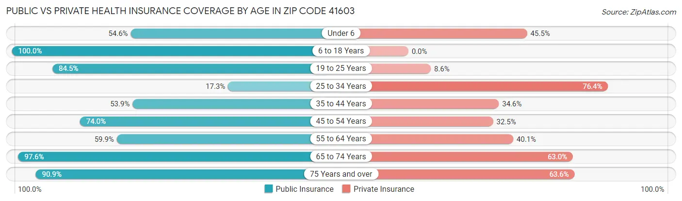 Public vs Private Health Insurance Coverage by Age in Zip Code 41603