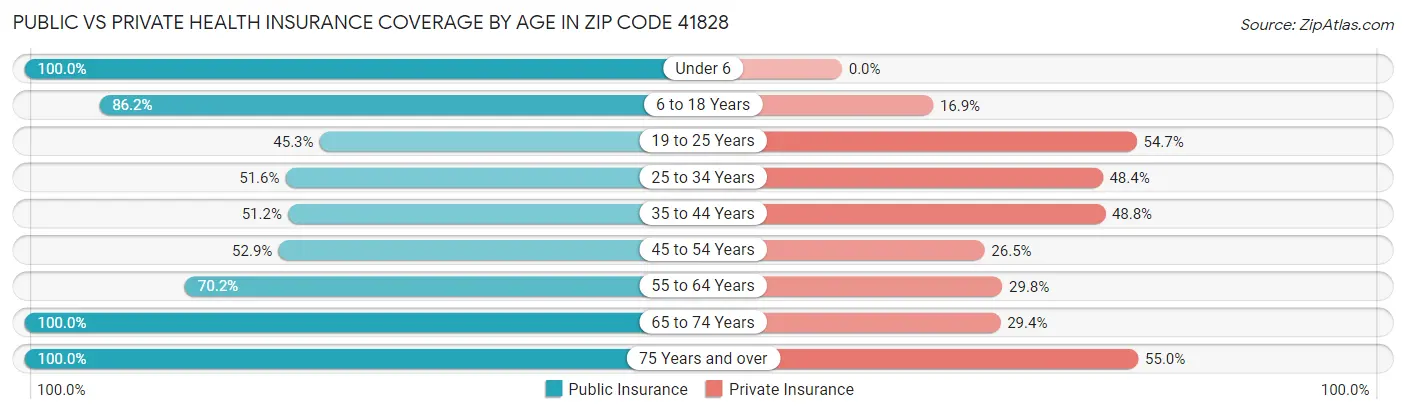 Public vs Private Health Insurance Coverage by Age in Zip Code 41828