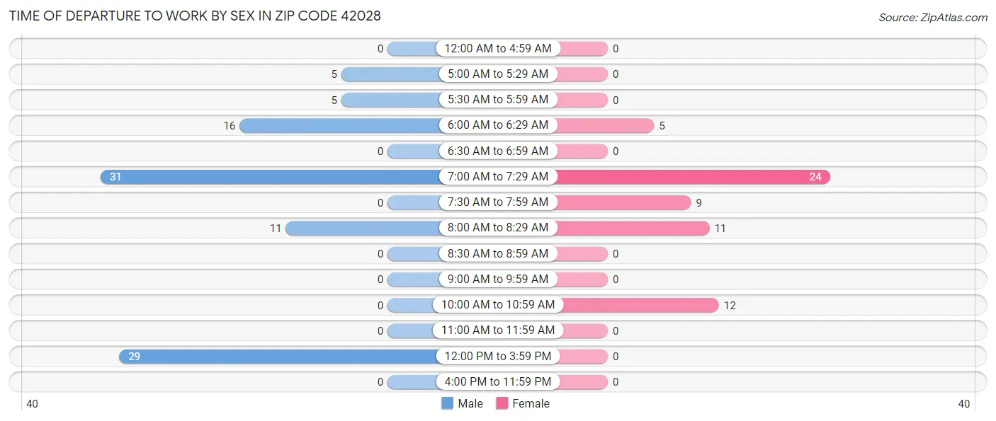Time of Departure to Work by Sex in Zip Code 42028