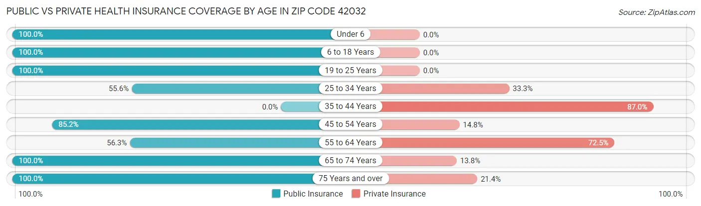 Public vs Private Health Insurance Coverage by Age in Zip Code 42032