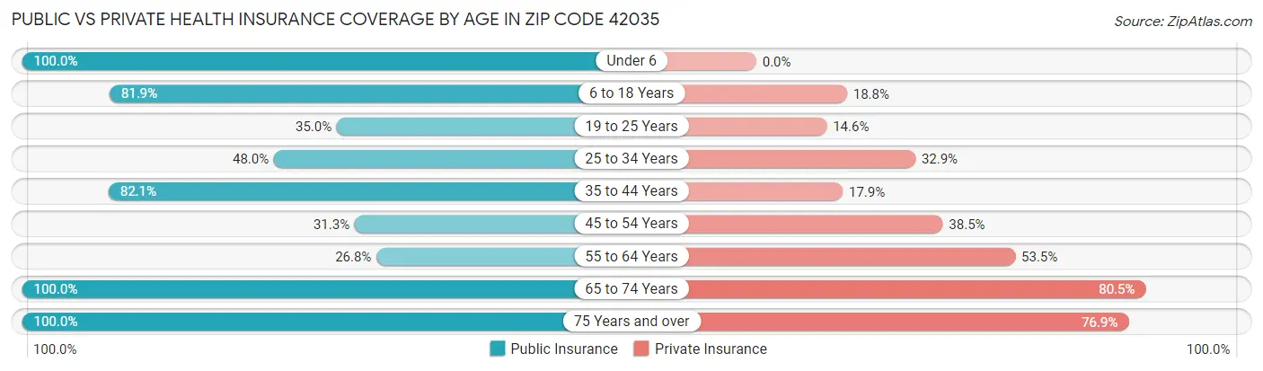 Public vs Private Health Insurance Coverage by Age in Zip Code 42035