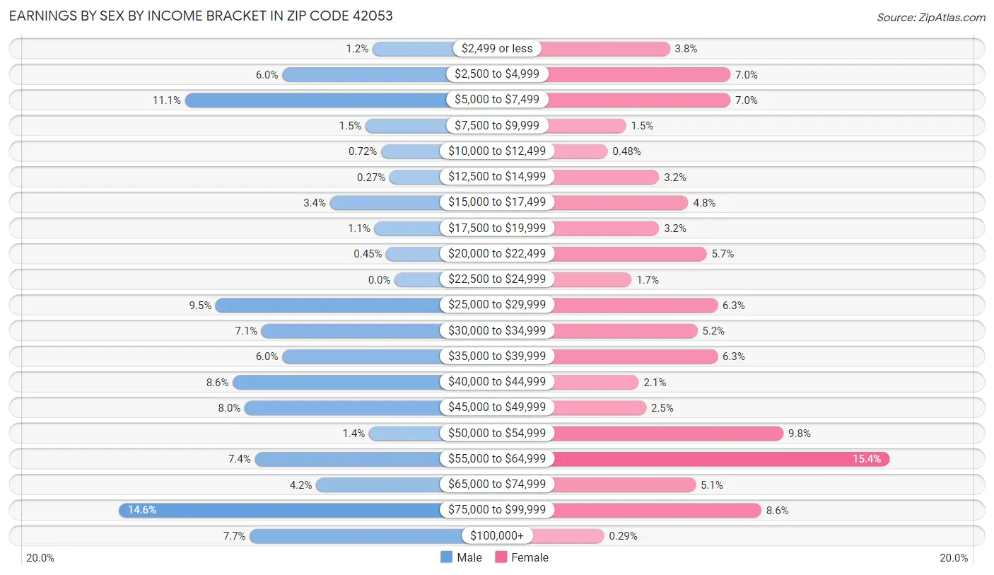 Earnings by Sex by Income Bracket in Zip Code 42053