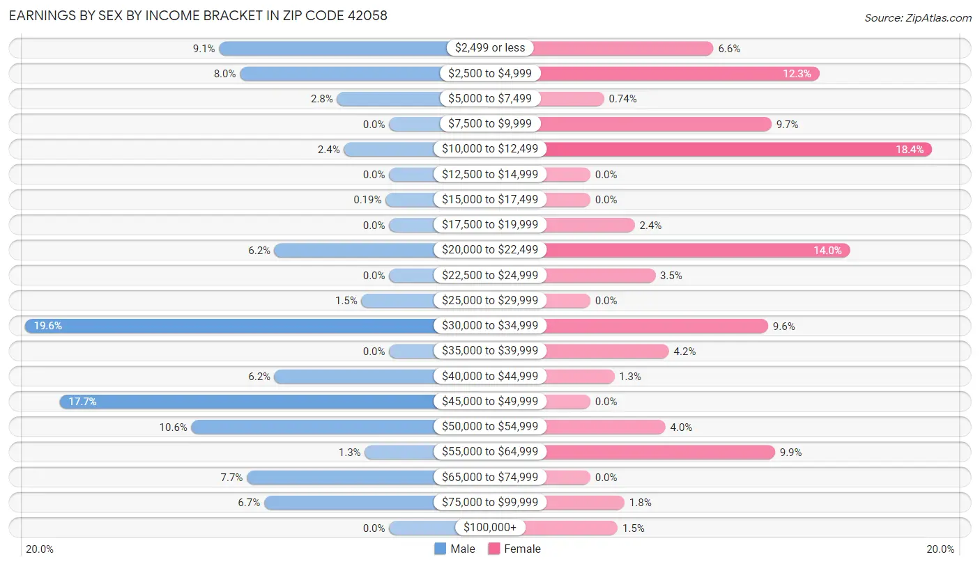 Earnings by Sex by Income Bracket in Zip Code 42058