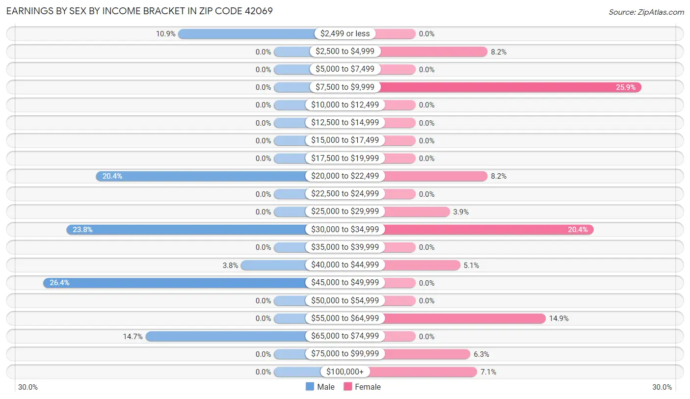 Earnings by Sex by Income Bracket in Zip Code 42069