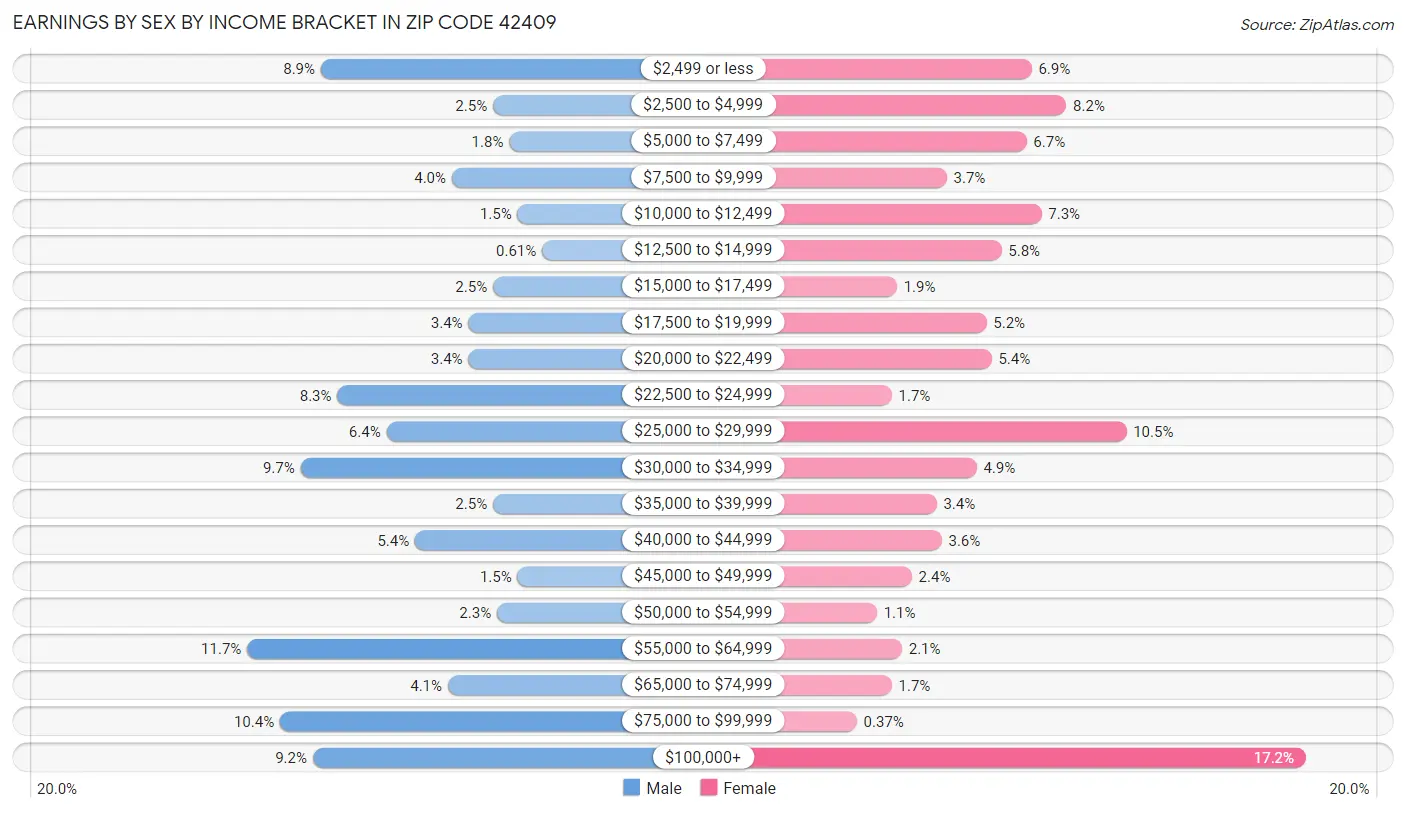 Earnings by Sex by Income Bracket in Zip Code 42409