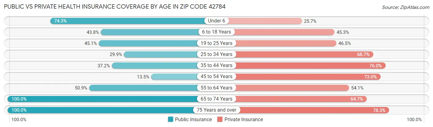 Public vs Private Health Insurance Coverage by Age in Zip Code 42784